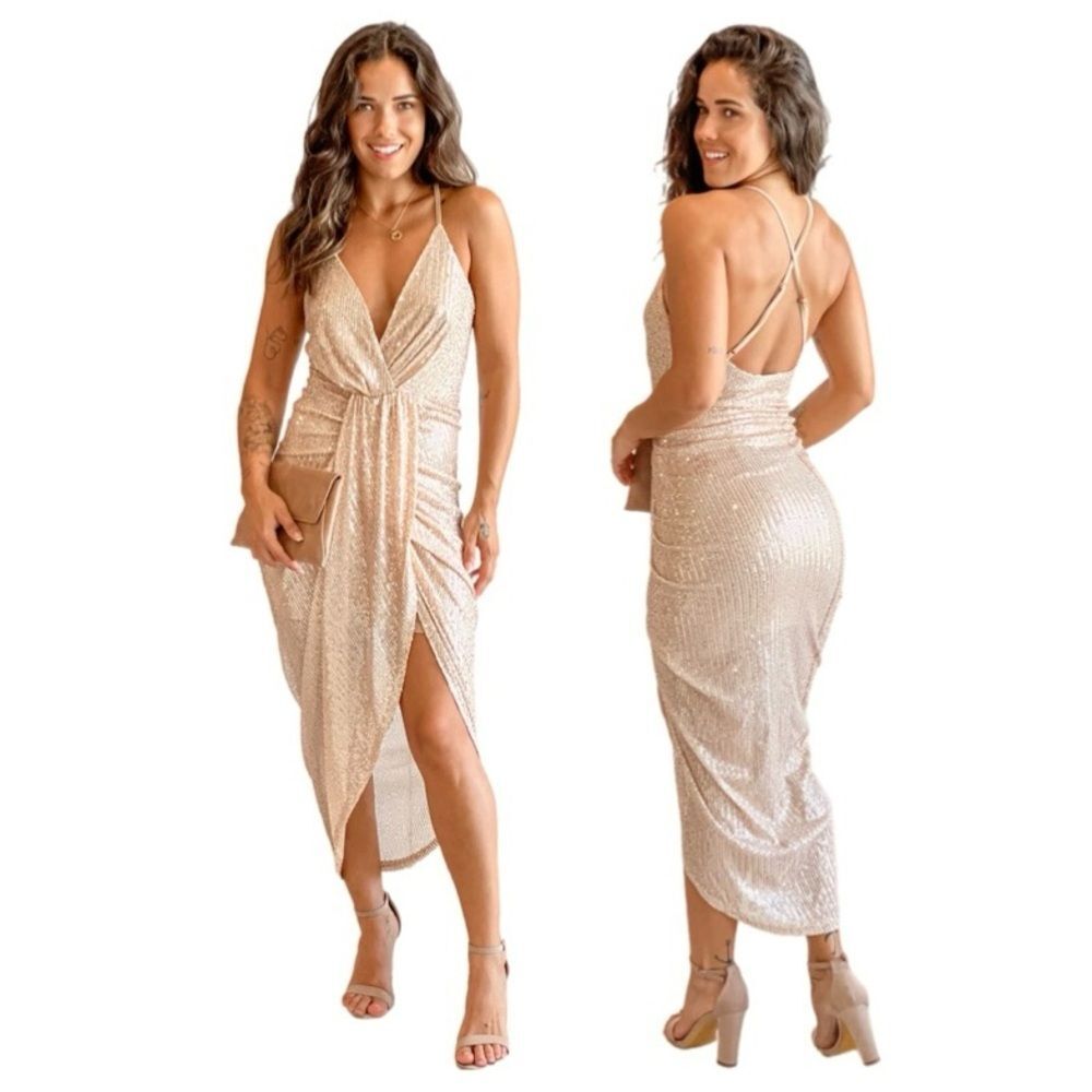Mable Sequin Dress Bodycon Draped Detail Champagne Size L